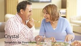  Presentation with active seniors senior couple - Slide deck having senior hispanic couple enjoying meal at home background and a soft green colored foreground