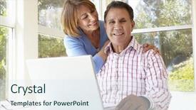  Presentation with home office - PPT theme having senior hispanic couple in home office with laptop background and a sky blue colored foreground