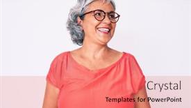  Presentation with grey - Colorful presentation theme enhanced with senior-hispanic-grey-haired-woman backdrop and a coral colored foreground
