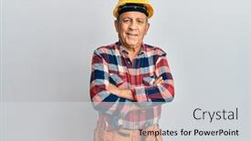  Presentation with army person pressing remote baton - Presentation enhanced with senior-hispanic-man-wearing-handyman background and a light gray colored foreground