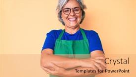  Presentation with army person pressing remote baton - Presentation theme featuring senior-hispanic-woman-wearing-apron background and a coral colored foreground