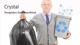  Presentation with bin - Amazing slides having senior holding a recycle bin and a garbage bag isolated on white background backdrop and a white colored foreground