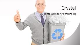  Presentation with recycle - PPT layouts featuring senior holding a recycle bin and giving thumb up isolated on white background background and a sky blue colored foreground