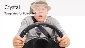  Presentation with car brake - Presentation design consisting of senior holding a steering wheel background and a sky blue colored foreground