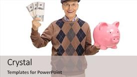  Presentation with money talks - Slides featuring senior holding bundles of money background and a light gray colored foreground