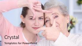  Presentation with home care - Theme having senior home care - grandmother and granddaughter closeup background and a lemonade colored foreground