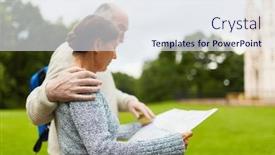  Presentation with shoulder - Amazing PPT layouts having senior husband embracing his wife by shoulder and pointing at map guide in her hands during trip backdrop and a sky blue colored foreground
