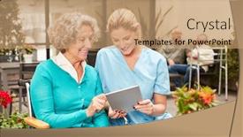  Presentation with caregiver - Beautiful PPT layouts featuring senior-in-a-wheelchair backdrop and a coral colored foreground