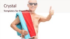 Presentation with swim - Slide set enhanced with senior in blue swim trunks carrying a towel over his shoulder and giving a thumb up isolated on white background background and a sky blue colored foreground