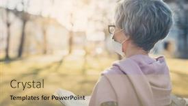  Presentation with face mask - Colorful slide set enhanced with senior-lady-praying-with-face backdrop and a coral colored foreground