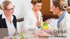  Presentation with dinner - Colorful presentation design enhanced with senior luncheon - businesswomen meeting at business dinner backdrop and a  colored foreground