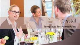  Presentation with business women - Theme enhanced with senior luncheon - group of men and women background and a  colored foreground