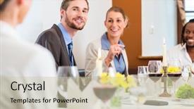  Presentation with restaurant toasting - Slide set featuring senior luncheon - team having business lunch background and a soft green colored foreground