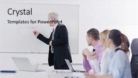  Presentation with board meeting - Cool new PPT theme with senior male business man giving a presentation at a meeting at modern light office on a table board backdrop and a light gray colored foreground