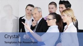  Presentation with board meeting - Colorful presentation theme enhanced with senior male business man giving a presentation at a meeting at modern light office on a table board backdrop and a teal colored foreground