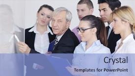  Presentation with board meeting - Cool new PPT theme with senior male business man giving a presentation at a meeting at modern light office on a table board backdrop and a light blue colored foreground