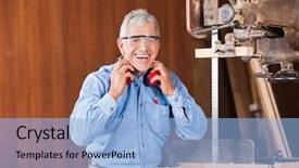  Presentation with carpenter - Presentation theme with portrait of happy senior male background and a light blue colored foreground