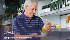  Presentation with information - Presentation theme consisting of senior male customer reading information on juice bottle at supermarket background and a ocean colored foreground