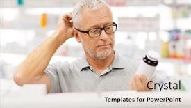  Presentation with drug pharmacy - PPT theme enhanced with senior male customer with drug background and a lemonade colored foreground