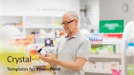  Presentation with drug pharmacy - Audience pleasing PPT theme consisting of senior male customer with drug backdrop and a coral colored foreground