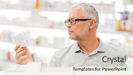  Presentation with drug pharmacy - Cool new slide deck with senior male customer with drug backdrop and a sky blue colored foreground
