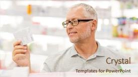  Presentation with drug pharmacy - Cool new slides with senior male customer with drug backdrop and a lemonade colored foreground