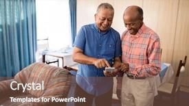  Presentation with mobile home - PPT layouts consisting of senior male friends using mobile background and a violet colored foreground