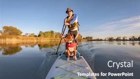  Presentation with pov - Presentation theme enhanced with senior male is paddling an inflatable stand up paddleboard with a pitbull dog on lake in colorado pov from an action camera background and a gray colored foreground