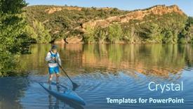  Presentation with stand up comedy 3d rendering - Slide deck having senior-male-is-paddling background and a ocean colored foreground