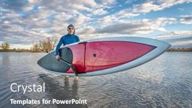  Presentation with expedition - Presentation theme having senior male launching his 14 feet long expedition stand up paddleboard on a lake in colorado fall scenery background and a gray colored foreground