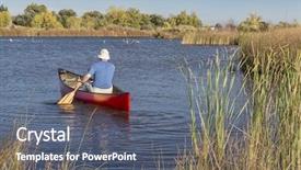  Presentation with ponds - Slides having senior male paddler paddling a red canoe on a calm lake riverbend ponds natural area fort collins colorado background and a ocean colored foreground