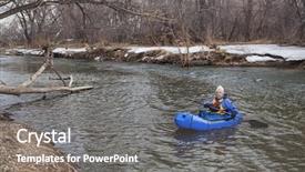  Presentation with adventure river - Presentation theme featuring senior male paddling a packraft one-person light raft used for expedition or adventure racing on the cache la poudre river in fort collins colorado winter or early spring background and a gray colored foreground