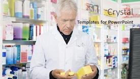  Presentation with male pharmacist - Presentation theme enhanced with senior male pharmacist holding medicines at counter background and a lemonade colored foreground
