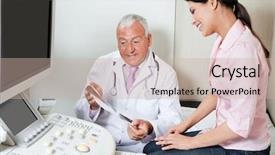  Presentation with ultrasound - Amazing presentation theme having senior male radiologist showing ultrasound print to female patient at clinic backdrop and a soft green colored foreground