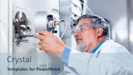  Presentation with scientific research - Beautiful slides featuring senior male researcher carrying out scientific research in a lab shallow dof color toned image backdrop and a light blue colored foreground