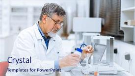  Presentation with scientific research - PPT theme featuring senior male researcher carrying background and a sky blue colored foreground