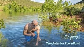  Presentation with summer camp show - Theme with senior-male-swimmer-is-splashing background and a ocean colored foreground