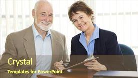  Presentation with paperwork - Beautiful slides featuring senior man and mature businesswoman going over paperwork in the office backdrop and a tawny brown colored foreground