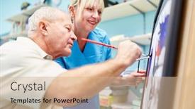  Presentation with painting - Cool new PPT theme with senior-man-and-therapist backdrop and a coral colored foreground