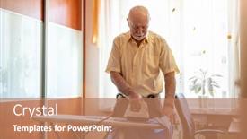  Presentation with ironing - PPT layouts with senior-man-at-home-ironing background and a coral colored foreground
