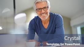  Presentation with at home senior care - PPT theme with senior-man-at-home-relaxing background and a ocean colored foreground