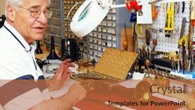  Presentation with trumpet - Amazing slides having senior man at work in his musical instrument repair shop where he's working on a trumpet backdrop and a red colored foreground