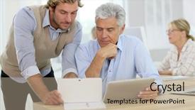  Presentation with class - Audience pleasing slide set consisting of senior man attending business class backdrop and a  colored foreground