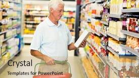  Presentation with supermarket - Presentation theme featuring senior man buying food at the supermarket background and a coral colored foreground