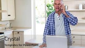  Presentation with social isolation - Amazing PPT theme having senior man calling while standing backdrop and a light gray colored foreground