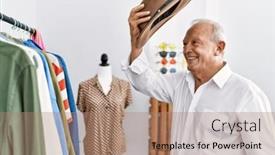  Presentation with hat - Slide deck consisting of senior-man-customer-wearing-hat background and a coral colored foreground