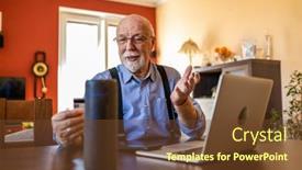  Presentation with smart card - Cool new PPT layouts with senior-man-doing-online-purchase backdrop and a tawny brown colored foreground