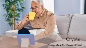  Presentation with coffee - PPT theme consisting of senior-man-drinking-coffee-watching background and a coral colored foreground