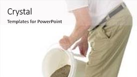  Presentation with filthy - Colorful theme enhanced with senior man dumping filthy water from a white plastic bucket on a white background backdrop and a sky blue colored foreground