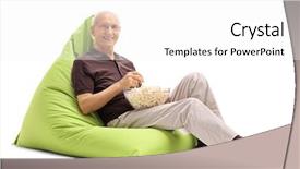  Presentation with popcorn - Slides having senior man eating popcorn seated on a green beanbag and looking at the camera isolated on white background background and a white colored foreground